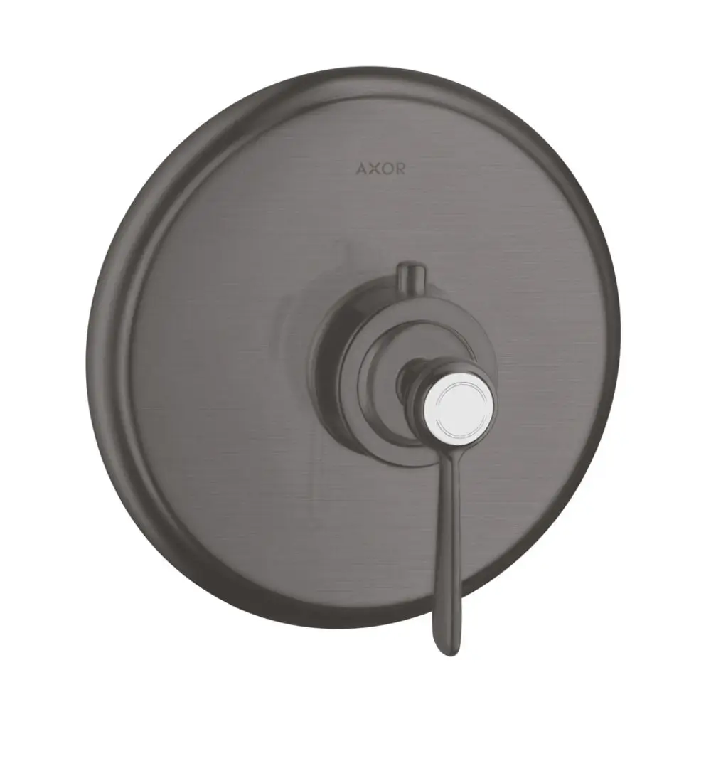 Thermostat mit Hebelgriff in gebürstetem Schwarzchrom, montiert auf einer runden Platte. Markenlogo AXOR oben sichtbar.